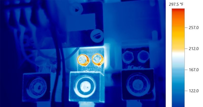 Infrared thermogram of bolted electrical connections showing two overheating terminals