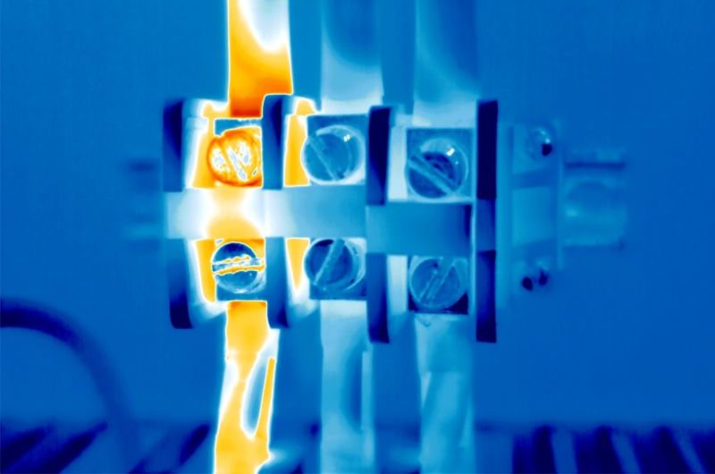 Infrared thermogram of an electrical terminal block showing a developing hot connection